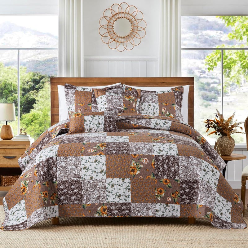 VAPUTAR King Size Quilt Set  Farmhouse King Quilt Bedding Set with Floral Plaid Pattern  Soft and Breathable Coverlet Set  Lightweight Reversible Bedspread Coverlet Suitable for All Season. - Image 1